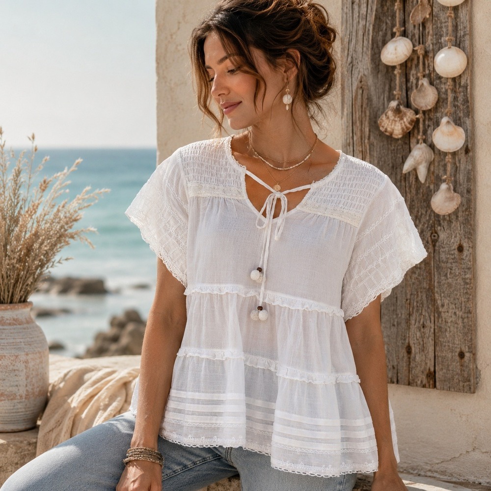 Sundance Boho Peasant Top Sz S White Cotton Tiered Smocked Tassel Tie Cottage